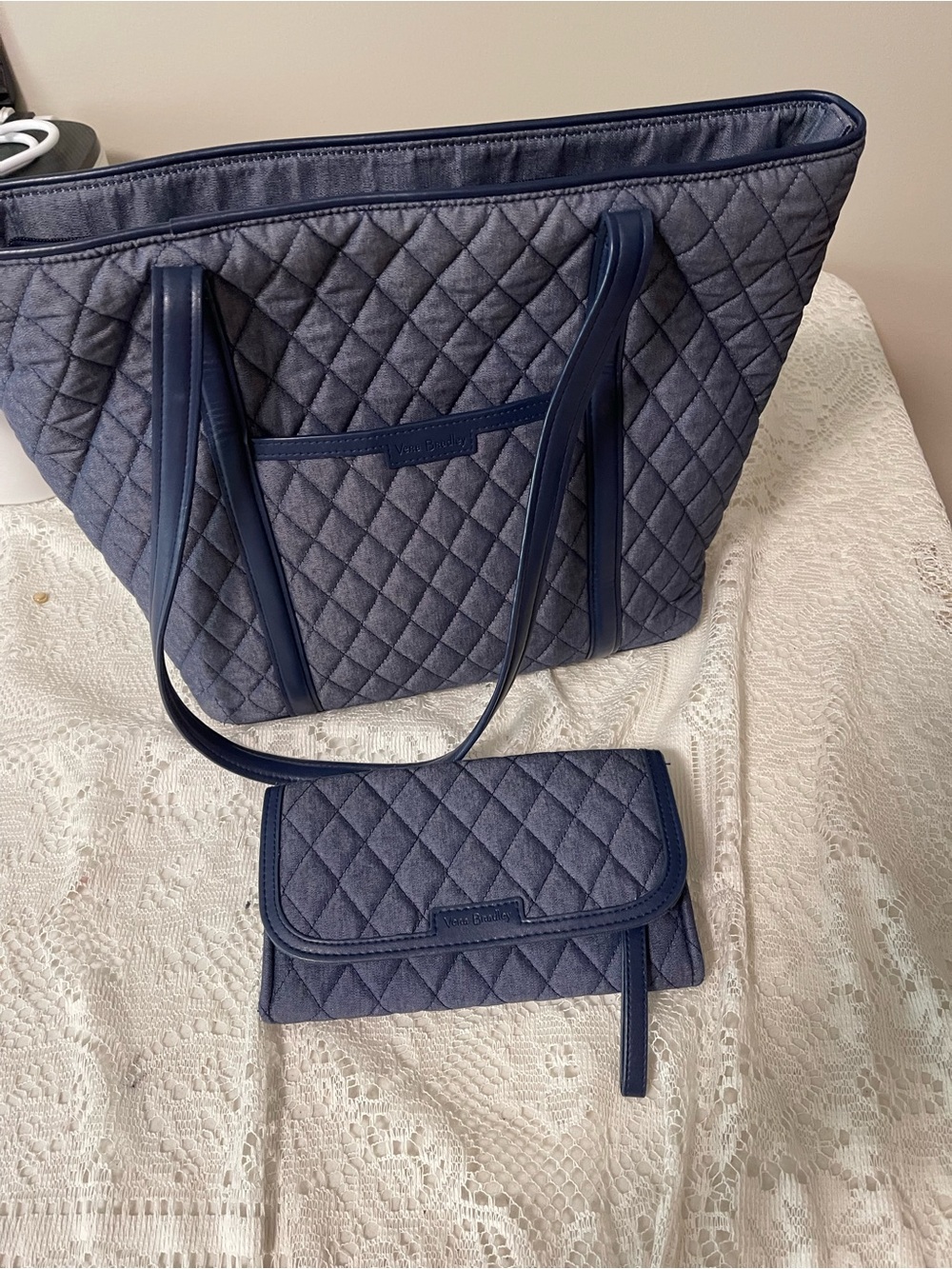 Vera Bradley Quilted Navy Tote with Matching Wristlet